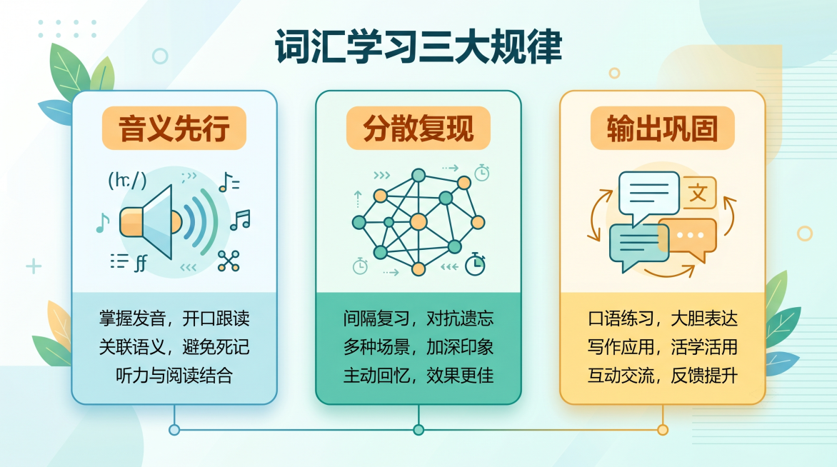 词汇学习三大规律的信息图表，16:9宽屏，简约清新扁平风格设计，没有人物和卡通元素。水平方向均匀放置三个内容卡片，第一个标题为"音义先行"，配喇叭和简单图形标识；第二个标题"分散复现"，配多个节点连线预览效果