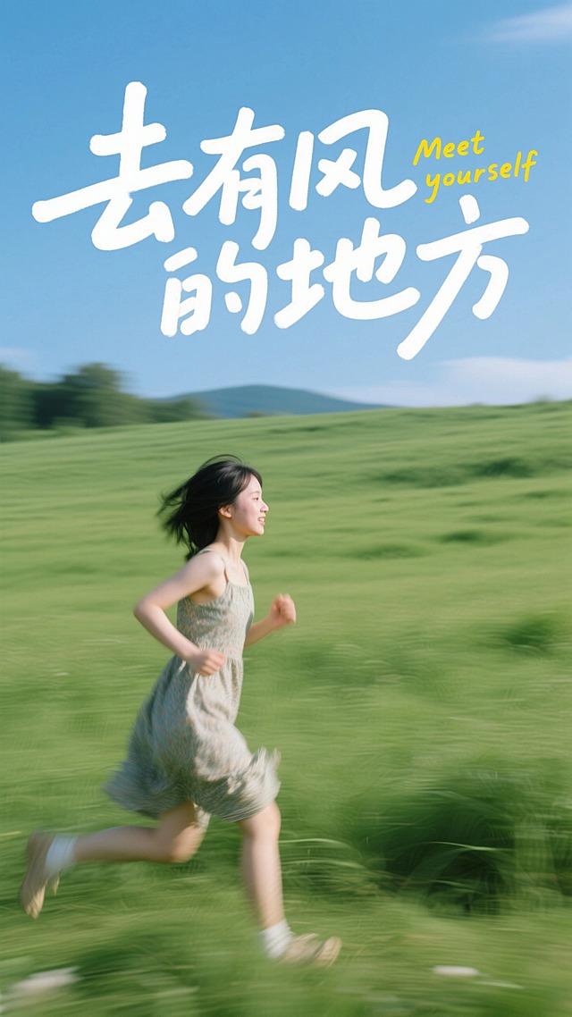 写实摄影风，远景，广袤的绿色草地中，有一位奔跑的连衣裙少女，动态模糊处理。标题内容为白色艺术字"去有风的地方”，黄色英文小字"Meet yourself”装饰点缀