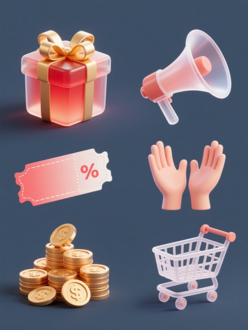 一套6张系列素材集合，每张均为规整排布的单一元素造型图案，保持简约现代风格，采用纯色背景。第一张：半透明渐变红色礼盒，顶部系着金色蝴蝶结，礼盒呈现轻微立体感，边缘有柔和高光和阴影，整体通透光滑；第二张：半透明渐变优惠券，带有虚线剪切边和折扣标识，保持与礼盒一致的光影质感和简约设计；第三张：半透明渐变喇叭造型，喇叭口朝右，线条流畅，体现现代简约风格；第四张：半透明渐变鼓掌手势，双手掌心相对呈鼓掌……预览效果