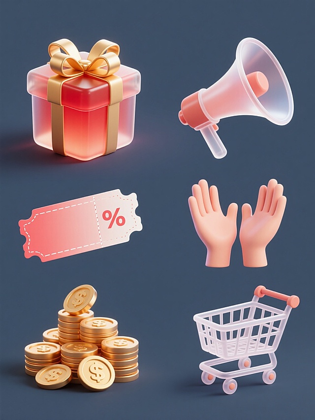 一套6张系列素材集合，每张均为规整排布的单一元素造型图案，保持简约现代风格，采用纯色背景。第一张：半透明渐变红色礼盒，顶部系着金色蝴蝶结，礼盒呈现轻微立体感，边缘有柔和高光和阴影，整体通透光滑；第二张：半透明渐变优惠券，带有虚线剪切边和折扣标识，保持与礼盒一致的光影质感和简约设计；第三张：半透明渐变喇叭造型，喇叭口朝右，线条流畅，体现现代简约风格；第四张：半透明渐变鼓掌手势，双手掌心相对呈鼓掌状，手指圆润，保持整体通透感；第五张：半透明渐变一堆金币，金币堆叠呈金字塔状，表面有光泽，体现金属质感；第六张：半透明渐变购物车，车筐为网格状，带有把手和轮子，造型简约现代，所有元素均保持统一的半透明渐变效果、光影处理和简约设计语言。