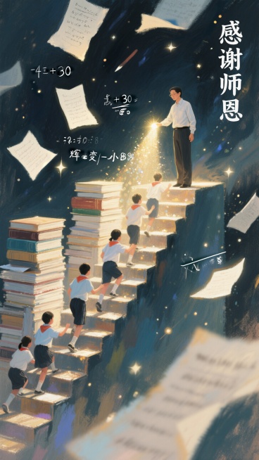 空中飞舞着草稿纸和数学题，书籍堆砌成长长的阶梯，阶梯顶端是一位教师，阶梯下是向上攀登的学生。教师的手中递出一束光，照耀着台阶，指引学生向上攀登。暗色背景，点点星光，画面侧边写感谢师恩，字体优雅一些，不预览效果