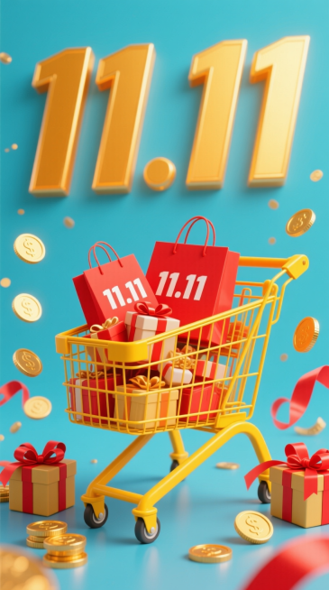以鲜艳橙黄色为主色调，上方是巨大且的 “11.11”亮金色字体，中间是一辆黄色的购物车，车内装满了带有 “11.11” 字样的红色购物袋、包装精美的礼盒等商品，购物车周围还散落着金色的硬币、蝴蝶结装饰预览效果