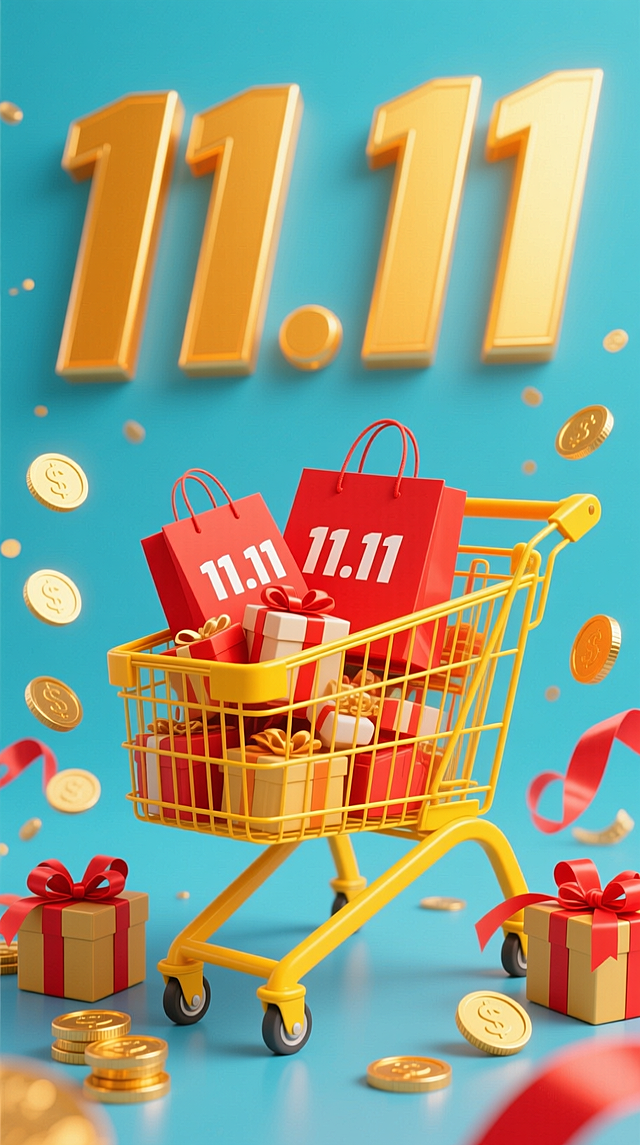 以鲜艳橙黄色为主色调，上方是巨大且的 “11.11”亮金色字体，中间是一辆黄色的购物车，车内装满了带有 “11.11” 字样的红色购物袋、包装精美的礼盒等商品，购物车周围还散落着金色的硬币、蝴蝶结装饰的礼盒，以及红色的飘带，亮橙色背景。