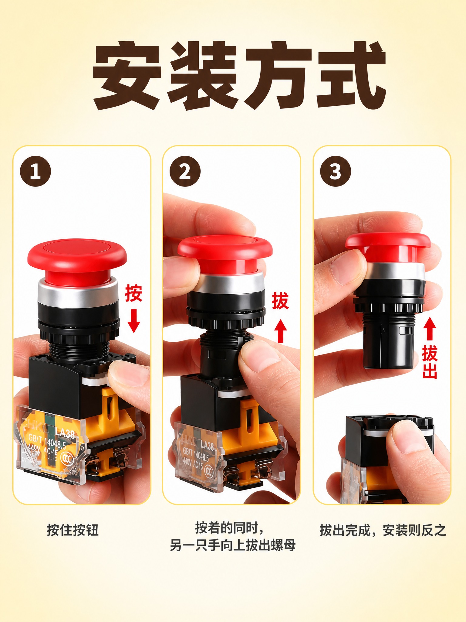 [商品] 使用【图1】蘑菇头按钮三步安装操作素材；第一步手按住… - 图片创意预览