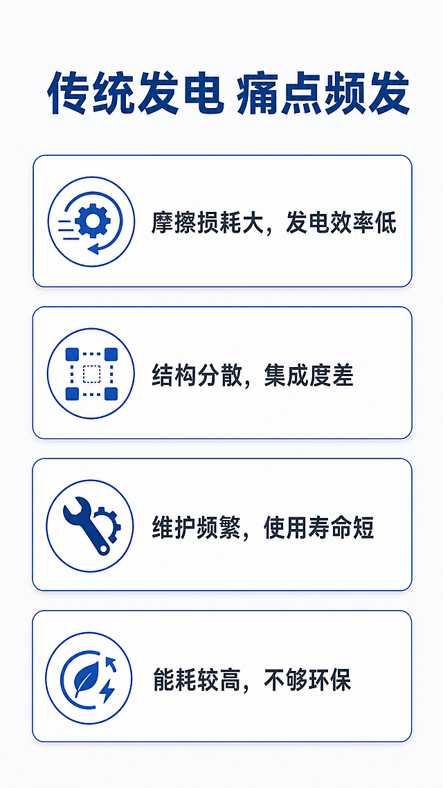 [第2屏] 痛点直击-传统发电设备常见问题分析。本屏无需产品主体图，仅展示痛点问题排版。
[氛围/风格] 浅灰简约商务风，干净清爽，信息层级清晰，符合理性消费种草逻辑。
[元素布局] 顶部大标题区，中部四个痛点卡片从上到下垂直分布，每个痛点卡片左侧配简约圆角图标，右侧配痛点文字描述，卡片之间留出足够间距，底部留少许空白。背景为浅灰色纯色，整体干净无多余干扰元素。
[光影质感] 均匀柔和布光，卡片轻微阴影区分层级，文字清晰锐利，无明暗过度对比。
[配色色系] 全局底色：#F8F9FA（浅灰白）；卡片背景：#FFFFFF；标题文字：#1A3A70（深蓝）；正文文字：#334155；图标配色：#0052CC（品牌蓝）。
[视角构图] 竖版9:16居中构图，整体信息从上到下依次排布，符合移动端竖屏阅读习惯。
[文字版式] 顶部大标题「传统发电 痛点频发」，深蓝色粗体，居中，字号约占画面宽度7%。四个痛点依次排列：
1 图标+文字「摩擦损耗大，发电效率低」
2 图标+文字「结构分散，集成度差」
3 图标+文字「维护频繁，使用寿命短」
4 图标+文字「能耗较高，不够环保」
每个痛点文字左对齐，字号适中，移动端清晰可读，卡片浅白底深蓝边框，简约精致。
[比例分辨率] 9:16竖版比例，1080px宽，1920px高，4K分辨率，文字清晰可辨。
[负向提示词] 水印，文字错乱，背景杂乱，色彩饱和度太高，元素堆砌，变形模糊
