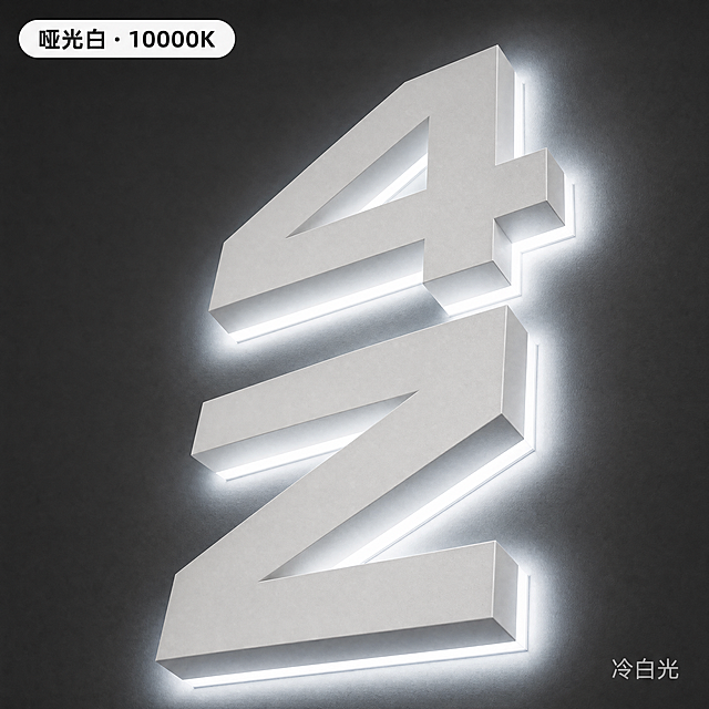 [SKU图-1] 哑光白烤漆+10000K冷白光背发光字SKU展示。本图使用【图1】白色背发光数字作为产品主体进行图生图。
[氛围风格] 纯净产品展示风，深灰背景突出白色产品的简洁现代感；
[画质] 商业摄影质感、哑光质感真实细腻、发光效果均匀冷白、产品清晰锐利；
[元素] 深灰色哑光背景（#333333），画面中央展示哑光白烤漆背发光字45°斜侧视角，字壳为哑光白色烤漆，表面细腻磨砂质感，无明显反光，边缘棱角分明工艺精细，背面发出高色温冷白色明亮光晕（10000K冷白光），在深灰背景上形成清冷明亮的渐变光晕；字壳立体感强，侧面厚度均匀，哑光表面有细腻的颗粒质感。保持产品外观（物理结构、材质质感、白色哑光、发光方式）与输入产品图绝对一致，杜绝变形色差，发光颜色为10000K冷白色。商品主体占比约70%；画面满屏无边框。
[光影] 主光从左上方45°柔光照射，哑光表面形成均匀柔和的明暗过渡，体现立体厚度和哑光质感；产品自身冷白背发光为重要光源，冷白色光晕在深灰背景上对比强烈；辅光从右下方补光，暗部细节清晰；整体光比适中，质感高级清冷。
[配色] 主色：哑光白烤漆字壳 + 10000K冷白背光；背景色：深灰#333333；点缀色：冷白高光；
[视角构图] 45°斜侧视角，产品居中饱满；景深中等，背景微虚突出主体；产品完整不裁切。
[文字版式] 左上角SKU标签，圆角矩形，白底深灰字：「哑光白 · 10000K」，粗体无衬线；右下角小字标签「冷白光」，浅灰色细体。文字不遮挡产品主体。
[输出要求] 1:1比例，width=1200，height=1200，文字清晰锐利，超高清商业摄影质感；
[负向提示词] 变形，文字错乱，产品图模糊，背景杂乱，水印，电商平台Logo，漆面反光过强，颜色偏差，发光不均，眩光，亮面烤漆。