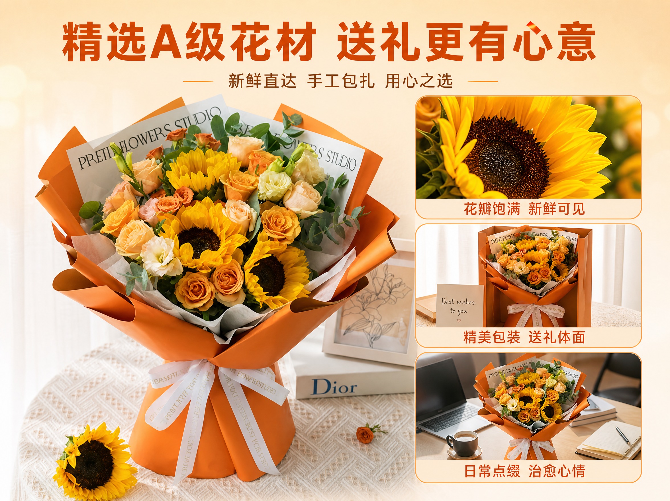 [主图-2] 向日葵玫瑰混搭花束淘宝天猫卖点图，主题为花材细节… - 图片创意预览