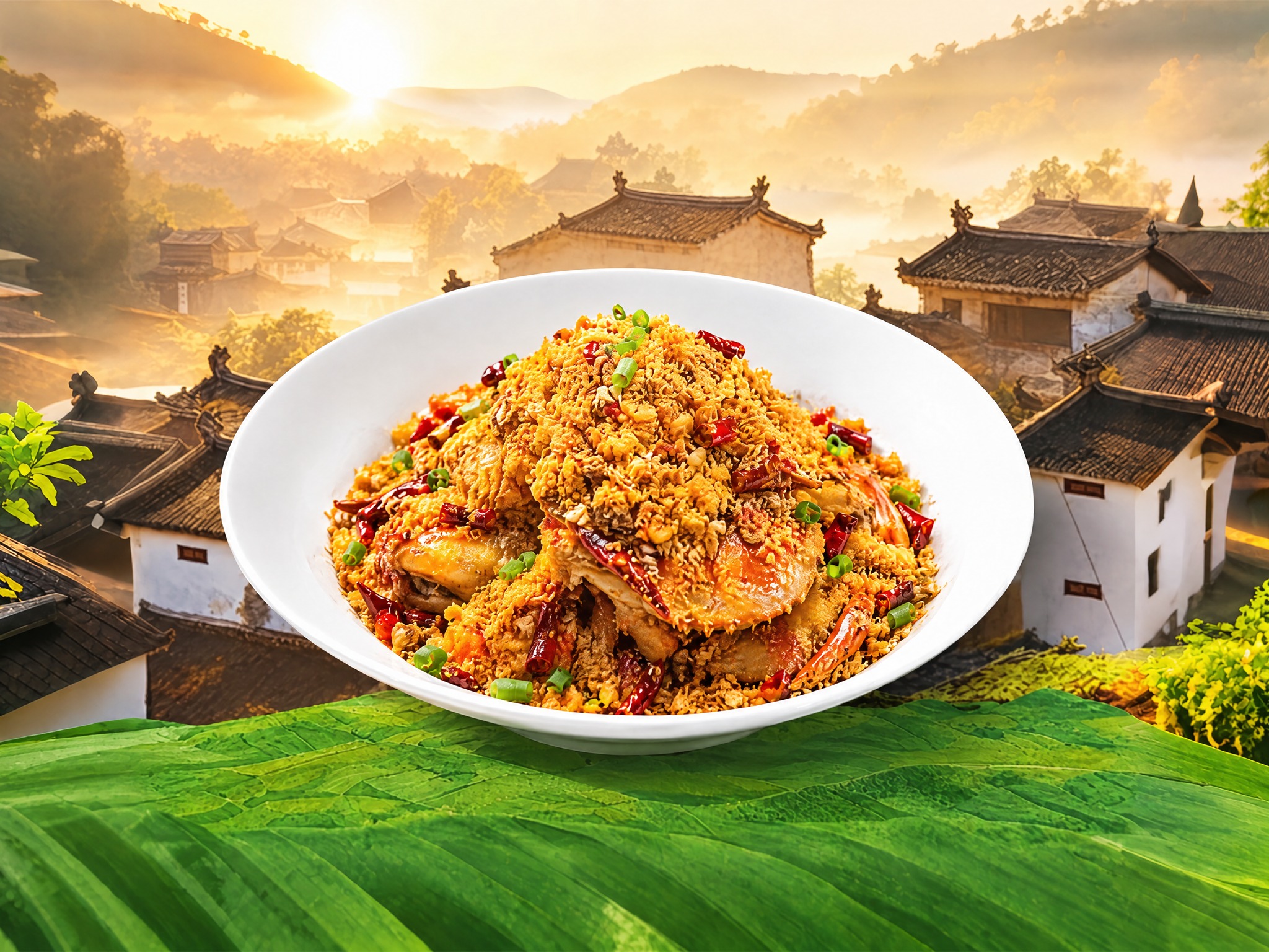 将图中白色碗里的梅菜扣肉菜品替换为图2中的避风塘炒蟹菜品，保持… - 图片创意预览