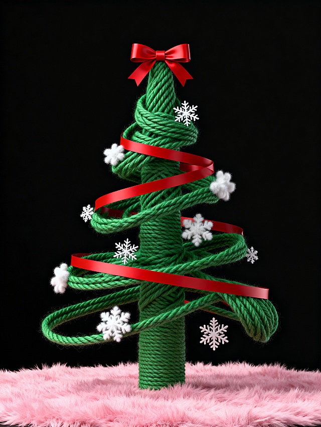 3D毛线圣诞树，重拟物风格缠绕绿绳与红丝带，点缀雪花与绒毛底座，呈现喜庆、甜蜜、可爱的节日氛围。