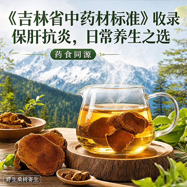 淘宝电商主图，比例1:1，展示长白山野生桑黄煮水场景，汤色金黄透亮，强调"药食同源"，主文案写"《吉林省中药材标准》收录，保肝抗炎，日常养生之选"，左下角角落添加小字"野生桑树寄生"，风格天然养生，适配电商平台