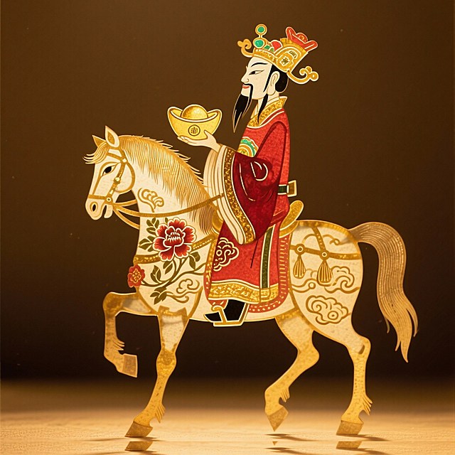 主体是身着红金袍服、持元宝的财神，骑饰有牡丹与祥云纹样的金色骏马，背景为棕黄色