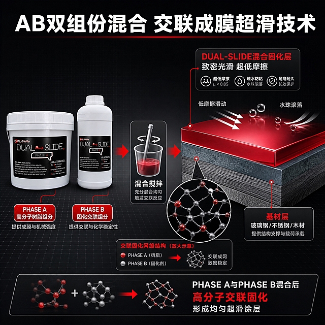 [主图-4修正版] 涂层结构与原理证明图，任务：展示双组份混合后固化成膜的结构与低摩擦原理。
[统一基调] 专业工业科技风，黑红白三色体系；背景为深灰到黑的渐变，带细微科技网格纹理；标题字用白色粗体无衬线字体，强调色用亮红色，辅助文字用浅灰色；组件为圆角矩形信息卡、红色引线标注、分子结构示意图。
[画面] 画面左侧为PHASE A桶和PHASE B瓶产品组合，占画面约30%，正面角度；两个产品中间有红色箭头指向中间的「混合搅拌」图标（搅拌杯+搅拌棒示意）；混合图标再通过红色箭头指向右侧的涂层剖面结构示意图；右侧剖面展示：滑梯基材层（玻璃钢/不锈钢/木材纹理）→ 混合涂层固化层（单一致密光滑高分子层，用亮红色高光表示表面），层面有放大的分子交联模型示意A+B混合固化后的高分子网络结构，表面有光滑的低摩擦示意箭头和水珠滚落示意。
[光影质感] 产品商业摄影质感，光照均匀；结构示意图为清晰的技术图解风格，线条锐利，层次分明，有轻微立体感。
[配色] 主色深黑灰，标题白色，强调亮红色，辅助浅灰；混合涂层用亮红色高光表示，基材用蓝灰色调表示。
[文字版式] 顶部主标题「AB双组份混合 交联成膜超滑技术」，白色粗体；右侧结构图标注：「基材层 玻璃钢/不锈钢/木材」「DUAL-SLIDE混合固化层 致密光滑 超低摩擦」；底部补充文字「PHASE A与PHASE B混合后 高分子交联固化 形成均匀超滑涂层」。
[输出要求] 1:1正方形，2048x2048，2K分辨率，文字清晰可读，产品清晰完整不变形；负向：模糊、错字、变形、水印、平台Logo、杂乱、产品颜色改变、分层涂刷示意。