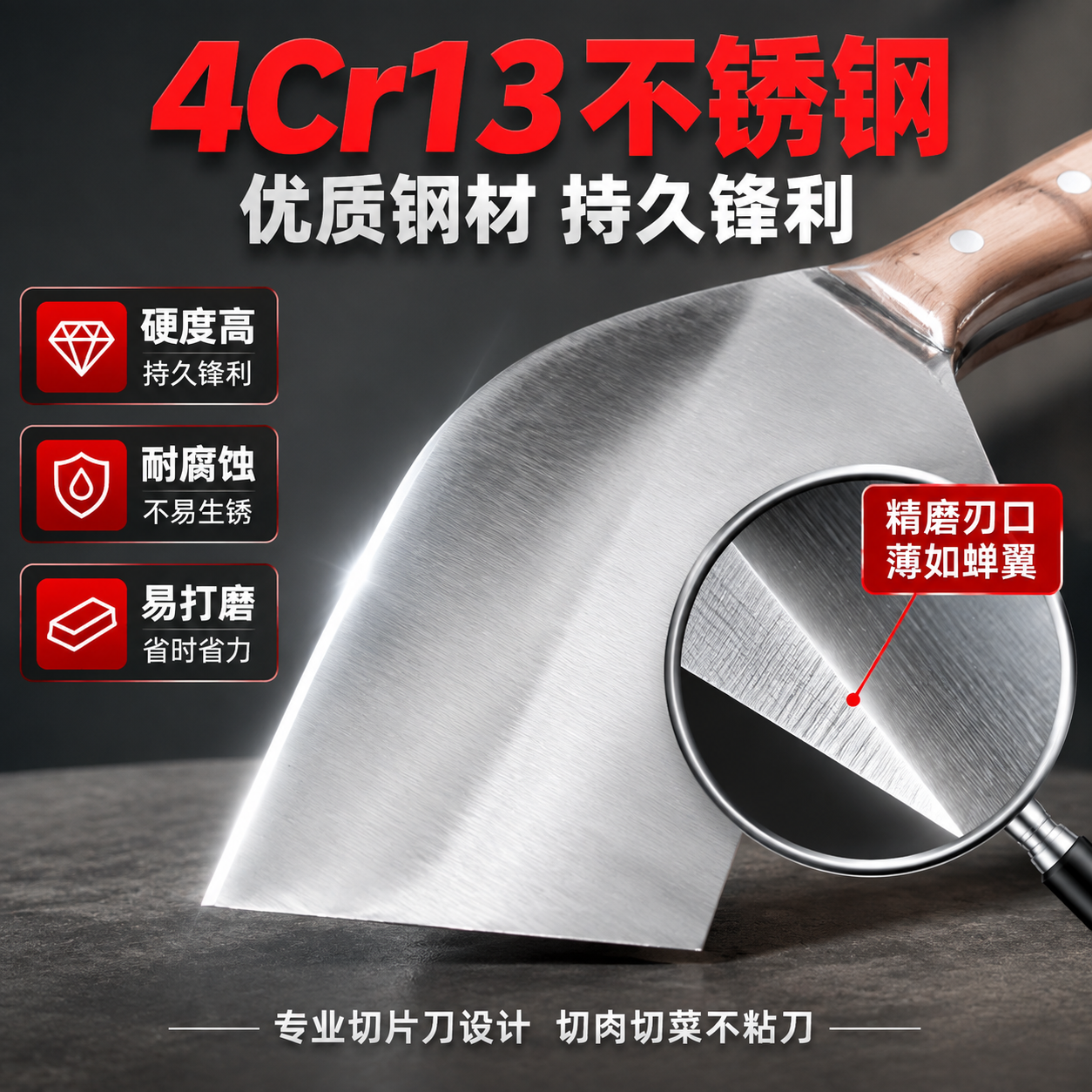 [主图-2 材质工艺] 4Cr13不锈钢材质展示 刃口微距特写… - 图片创意预览