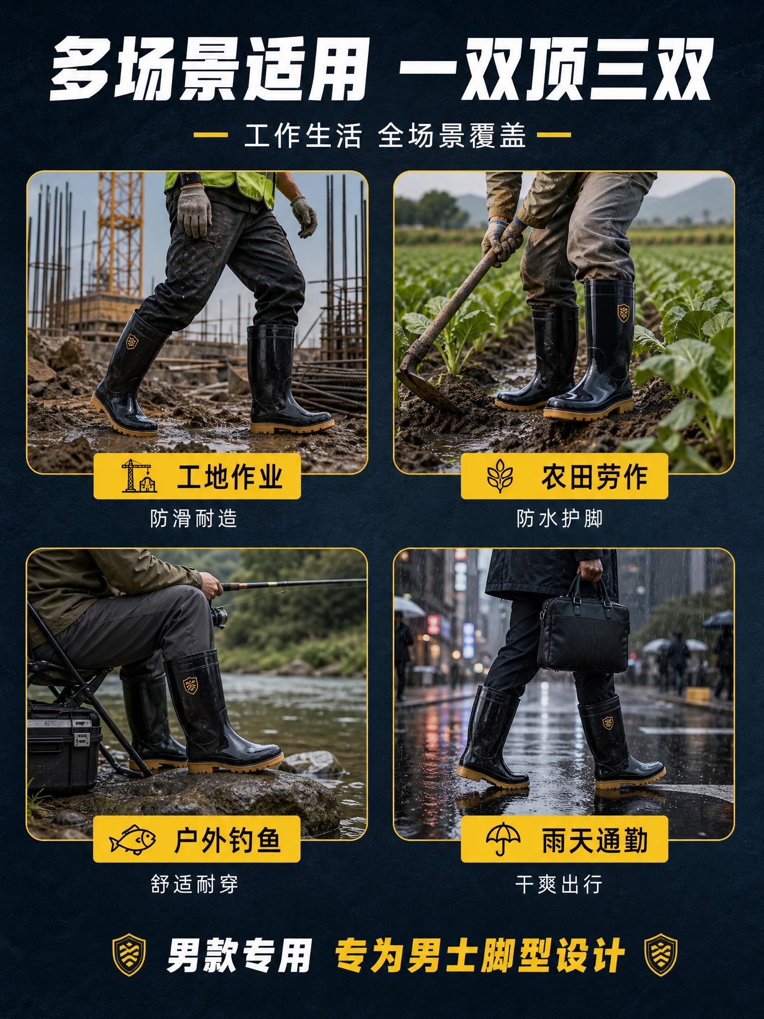 [商品] 使用【图1】中筒雨靴产品图；保留黑色亮面PVC材质、… - 图片创意预览
