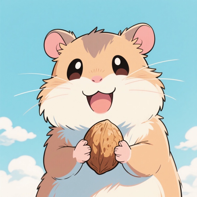 一只开心欢乐的卡通仓鼠，眼睛圆溜溜，嘴角上扬，毛发蓬松柔软，爪子抱着一颗坚果，背景是淡蓝色的天空和几朵白云，整体画面充满童趣和活力预览效果