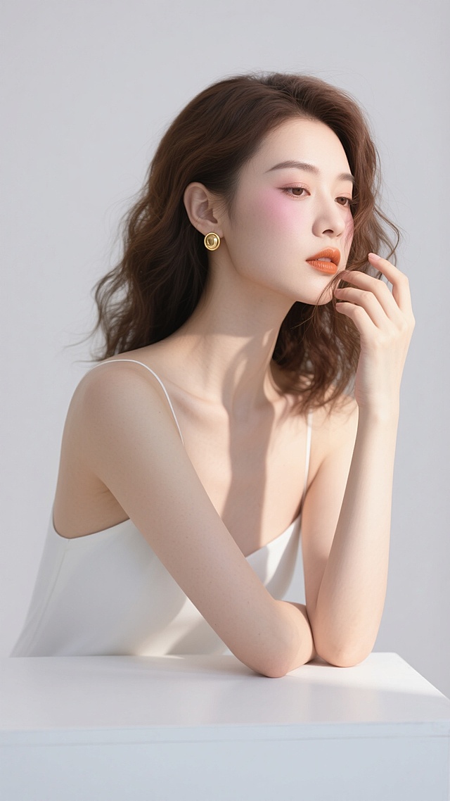 半身构图，亚洲女性侧坐于极简白色平台上，棕色微卷中长发自然垂落肩头，几缕碎发随头部微倾姿态轻拂锁骨，右手修长手指轻拈一缕发丝绕于指尖，左手支撑于身后形成优雅的三角支撑结构，颈部自然舒展展现优美线条。精致妆容延续自然美学，野生眉形搭配内眼线勾勒出温柔眼波，淡粉色眼影与橘棕色唇釉形成和谐过渡，左耳金色圆形耳环在柔和侧光下折射出细微光斑。肌肤白皙通透，细腻肤质在45度柔光下呈现自然立体感，白色抹胸边缘与锁骨阴影形成微妙层次。极简纯白背景衬托人物轮廓，视觉焦点集中于人物沉静侧脸与轻拈发丝的手部动作，整体画面如陶瓷雕塑般干净优雅。