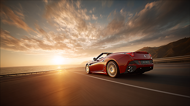 Luxury perfume advertisement storyboard, opening scene: red convertible speeding along the coast under golden sunset, movie-level composition, warm golden light, top commercial texture, vast sea and sky in the background, dynamic motion blur for wheels, romantic and extravagant atmosphere