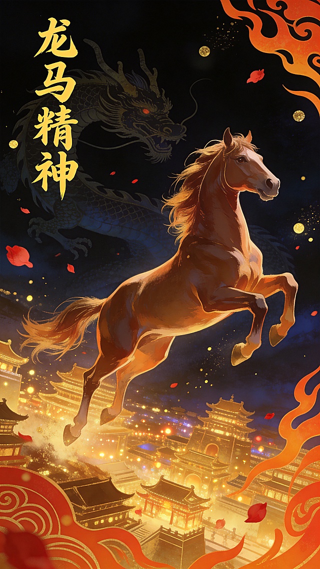 插画风格，融合新中式国潮美学，高角度俯视倾斜构图，一匹骏马凌空跃起，马年新春奇幻场景；背景一条巨龙半隐于深邃夜空，下方是灯火璀璨的金色古城，空中飘飞金色光斑、红色花瓣与橙红火焰纹样，夜空深邃如墨；画面左侧竖排黄色书法字体“龙马精神”；整体色彩以暖金、橙红与深蓝黑为主，光影对比强烈，氛围热烈梦幻，充满自由豪迈的动感，线条精致，氛围感拉满，高级国潮插画，细节丰富