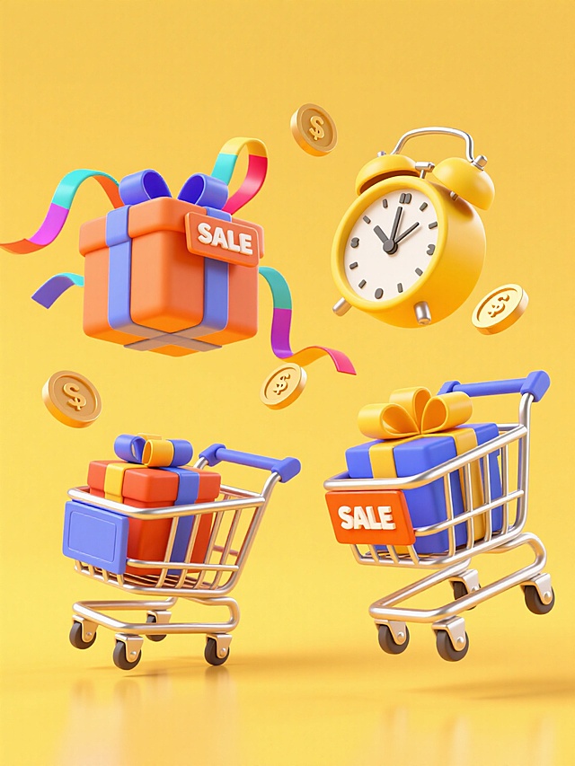 一组4个不同配色、不同样式、不同材质的3D立体电商促销元素，每个元素包含装满礼物的金属购物车、带有“SALE”标签的礼盒、漂浮的金币、彩色飘带和闹钟，高饱和度配色，立体感强，黄色背景，适用于双11电商素材使用。