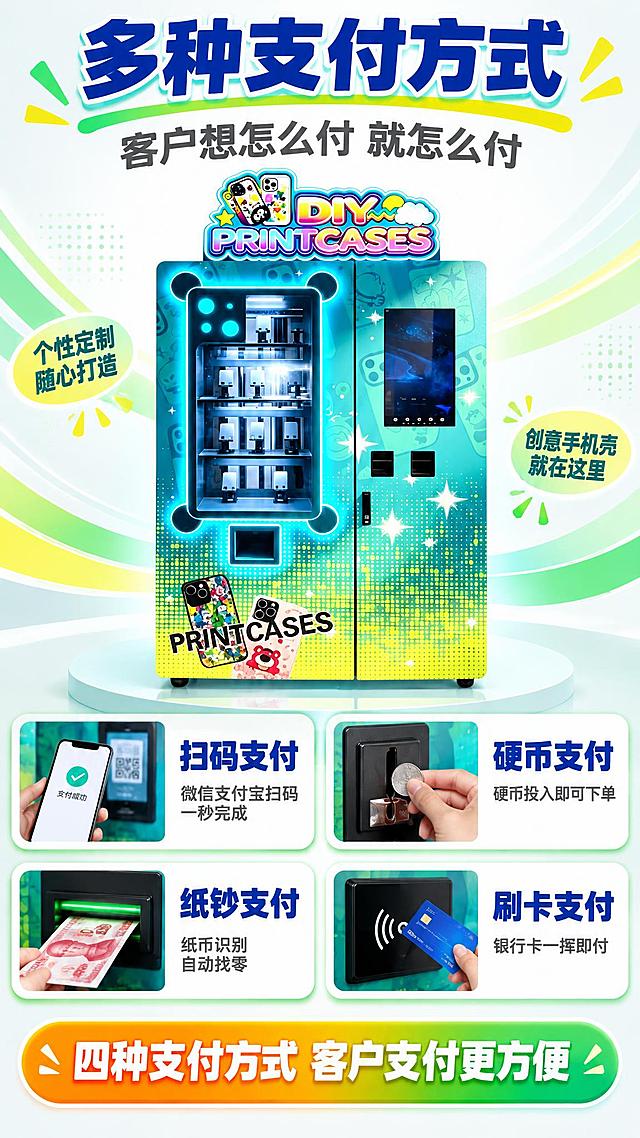 [详情页-3 多种支付方式] DIY手机壳自助打印贩卖机多种支付方式详情页，9:16竖版，浅色背景，四种支付方式各配小图，全中文，文字清晰不拥挤。
[氛围风格] 便捷支付风，青绿黄绿配色，简洁现代；
[画质] 商业设计质感、图标与小图清晰、文字清晰锐利、排版整齐。
[元素] 页面上方放置DIY手机壳自助打印贩卖机正面图（立式柜体，青绿到黄绿渐变机身，顶部彩色灯牌，左侧玻璃展示橱窗，右侧黑色竖屏，下方黑色支付模块，底部万向刹车脚轮），保持与输入产品图一致；下方为四种支付方式，每种配一个小图与中文名称。背景为浅白色渐变，干净明亮，不得为黑色或深色。
[配色] 主色纯浅白，辅色青绿与黄绿、深蓝色标题、橙色强调；简洁清晰。
[排版结构] 从上到下依次为：
1. 顶部大标题"多种支付方式"，深蓝色超粗体超大号字，非常醒目，下方有青绿黄绿装饰线条；
2. 副标题"客户想怎么付 就怎么付"，深灰色大号字；
3. 机器正面图；
4. 四种支付方式，两列两行排列，每个为白底圆角卡片，内含真实小图+深蓝色粗体大号中文名称+一句说明：
   - 小图为手机扫码付款特写，名称"扫码支付"，说明"微信支付宝扫码 一秒完成"；
   - 小图为机器上硬币投币口特写，名称"硬币支付"，说明"硬币投入即可下单"；
   - 小图为机器上纸钞入口特写，名称"纸钞支付"，说明"纸币识别 自动找零"；
   - 小图为刷卡感应区特写，名称"刷卡支付"，说明"银行卡一挥即付"；
5. 底部橙绿渐变横幅："四种支付方式 客户支付更方便"，白色粗体大字。
四个小图与名称严格对应，全中文，文字大且清晰可读，不出现乱码。
[输出要求] 9:16竖版比例，文字清晰锐利，超高清商业设计质感。
[负向提示词] 英文，英文文案，黑色背景，深色背景，暗色调，变形，文字乱码，乱码字符，模糊，水印，电商平台Logo，机器变形，小图与文字不对应。
