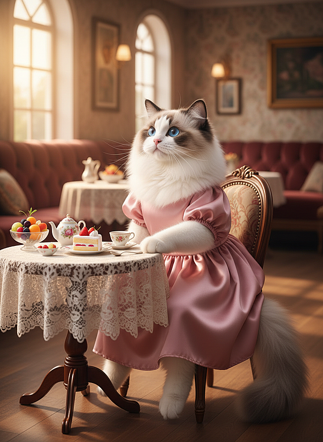 一幅小猫拟人化在餐厅吃下午茶的场景图。画面中的小猫穿着精致的小裙子，坐在铺着精致桌布的餐桌前，爪子搭在桌边，尾巴悠闲地蜷在椅腿旁，显得惬意又满足。它的眼神中带着对美食的期待，鼻尖微微抽动，仿佛正嗅着甜点的香气。餐桌上摆放着小巧的茶杯、盛着蛋糕的瓷盘和新鲜水果，营造出悠闲的下午茶氛围。背景是温馨雅致的餐厅环境，柔和的灯光洒在桌面，强调了午后时光的惬意与舒适。​