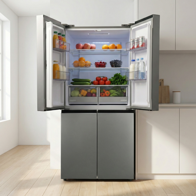 保持产品形态细节特征，为这个冰箱添加果蔬饮料，并添加一个厨房场景，冰箱单独摆放不嵌入墙体预览效果