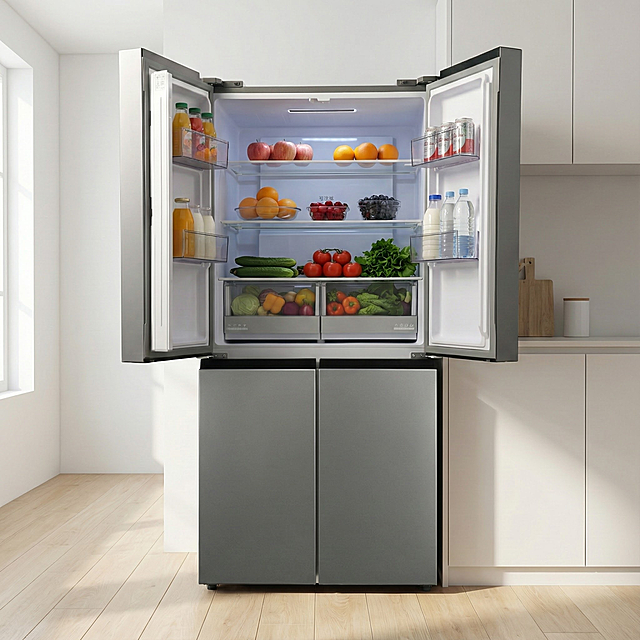 保持产品形态细节特征，为这个冰箱添加果蔬饮料，并添加一个厨房场景，冰箱单独摆放不嵌入墙体