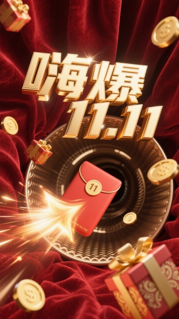 8K 超高清画质，如电影级商业广告画面般精致，摄影级别的专业呈现。画面以浓郁的红色作为背景主色调，仿佛是红丝绒质地，散发着奢华且热烈的光泽。醒目的标题 “嗨爆 11.11” 以立体金色大字呈现，字体边预览效果