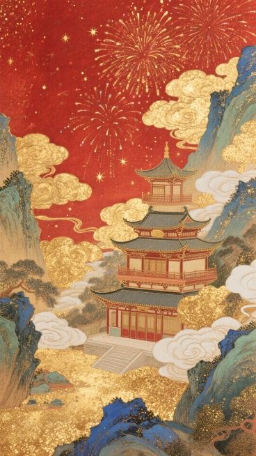 朱红底色铺鎏金烟花，层叠祥云缠山水间的中式楼阁，国风大场景,暖金朱红交织，星光点缀预览效果