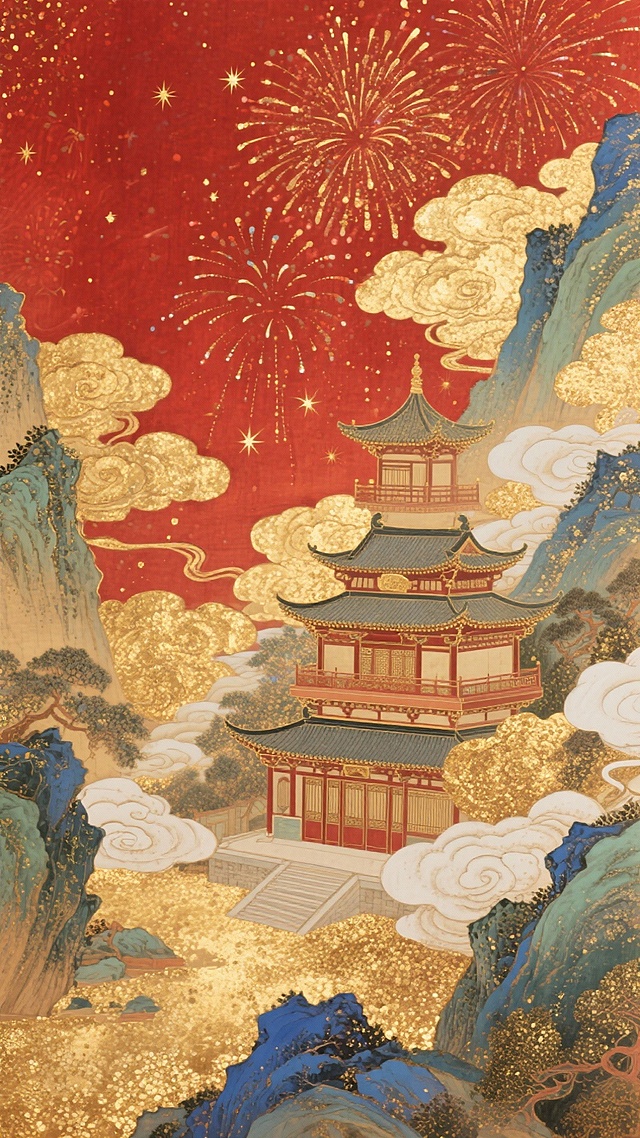 朱红底色铺鎏金烟花，层叠祥云缠山水间的中式楼阁，国风大场景,暖金朱红交织，星光点缀