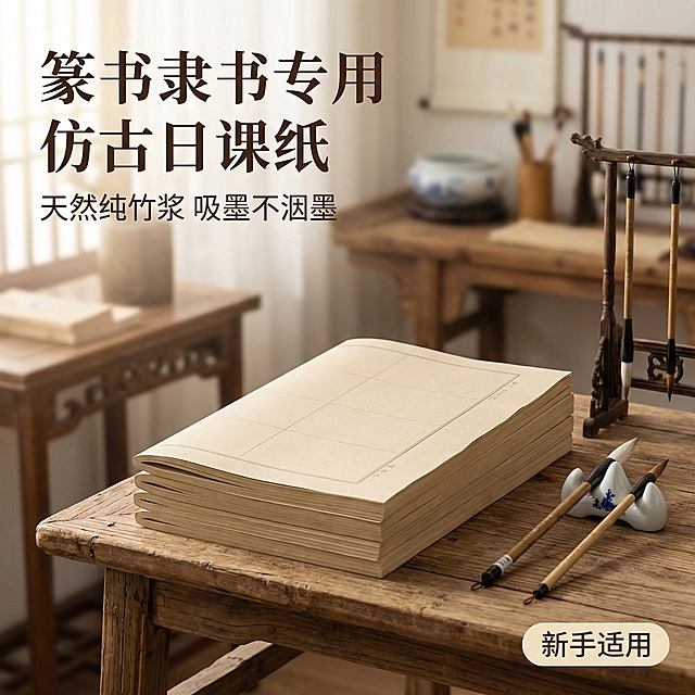 [垫图] https://gdesign-dam-hz.dancf.com/35907022593710091/8564868c1c2641a7bf31e882ed1dd621.jpg
[主图主题] 篆书隶书专用仿古日课纸首图
[氛围/风格] 传统文房复古风，书房自然光氛围感，古朴雅致
[画面元素] 产品堆叠居中展示，主体占比约60%，背景为古朴原木书桌，摆放着毛笔与瓷质笔洗，柔和自然光从侧面漫射进来，纸张纹理清晰可见，背景铺满全屏无边框
[配色色系] 主色调：仿古米黄色（纸张），辅助色：原木棕、瓷白色
[视角构图] 平视拍摄，景深适中，主体突出
[文字版式] 主标题“篆书隶书专用 仿古日课纸”，字体选用复古宋体，深棕黑色，左上角悬浮；副标题“天然纯竹浆 吸墨不洇墨”，字号为主标题三分之一；右下角米白色圆角胶囊标签“新手适用”。整体采用“场景实拍+悬浮文案”布局，标题在左上角，标签在右下角，不遮挡产品主体。
[分辨率] 2k
