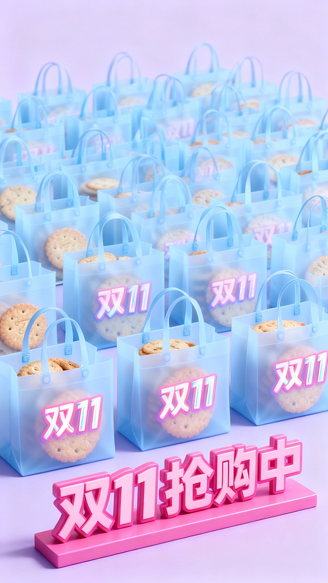 软3D风+霓虹灯色调，透明蓝袋装饼干，搭配粉色立体字“双11抢购中”，营造甜蜜可爱又充满促销感的波普艺术风格，传递节日购物氛围。