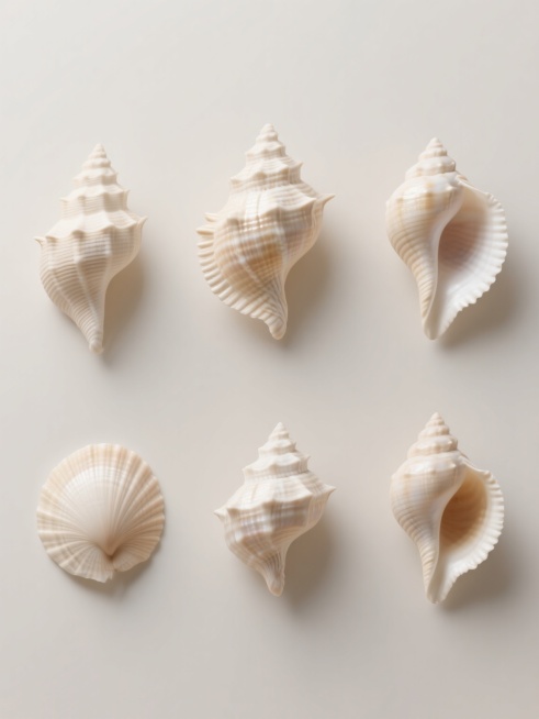 六款不同样式、不同材质的贝壳造型，以写实风格呈现，每款贝壳具有独特的纹理和形态，色彩以浅色为主，带有自然的贝壳光泽和细微色彩变化，整体排列为上下两行对齐分布，背景为纯净的浅色，突出贝壳主体，光线柔和均匀，展现贝壳的自然质感和立体感，构图简洁明了，视觉层次清晰，营造出清新自然的氛围。预览效果