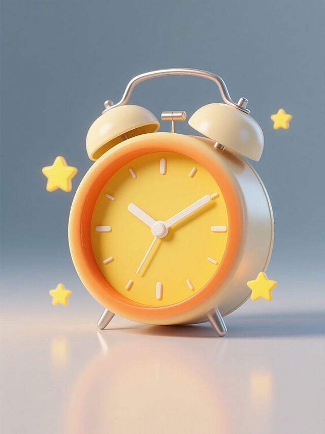 3D风格闹钟，简约现代造型，规整排布于纯色背景中央，整体设计简洁无文字无logo无水印，黄色表盘搭配白色指针与表圈，表盘边缘有渐变橙色效果，周围点缀黄色星星装饰，光影柔和，材质光滑有轻微反光，画面干净整洁。