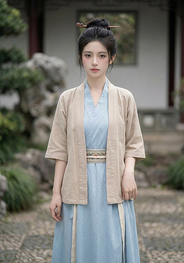 将她服装妆造换成素雅浅蓝色布裙，腰间系织锦腰带（自织）外罩素色半臂（方便劳作）发间插木簪