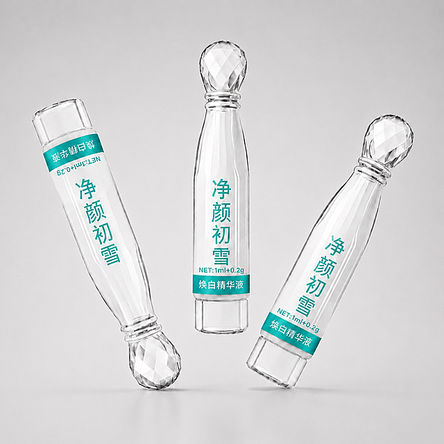 将瓶身所有黄色条状标签修改为松石绿色，条状标签上面的所有文字颜色修改为白色，瓶体保持透明白色不变，瓶身其他松石绿色文字保持不变，保留原排版和瓶身结构不变。产品置于浅灰色渐变背景上，专业商业棚拍光，轮廓光，体积光，曝光正确，强烈真实立体感。接地处保留干净浅淡的自然接触阴影，严禁大片投影、脏灰阴影和悬浮感。主体居中，三件商品整体算一组，商品外轮廓视觉体量约画面60%-80%，四边均匀留白约10%-20%，严禁满幅铺满与贴边顶满。极致超清画质，细节清晰锐利，4K分辨率，商业级实拍质感，保留原图通透玻璃质感和切割钻石结构细节。锁定原图商品轮廓、件数、部件位置、连接关系、标签和可见功能细节，只修改标签颜色和标签文字颜色，不重绘结构。瓶身、瓶盖、切割钻石头结构与原图一致，标签排版保留原图样式，禁止改变瓶型、方向或标签排版。玻璃质感通透，折射感清晰，透明层次丰富，高光边线自然。正视图，严格保持原图透视，严禁扶正，严禁镜像翻转，比例1:1