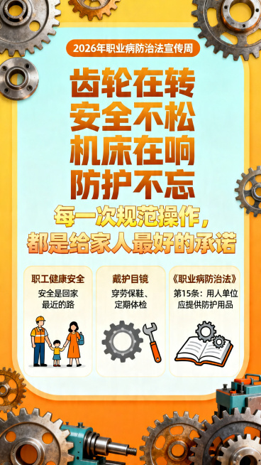 趣味主题海报，职业病防治法宣传，海报上方需要包含文字标识"2026年职业病防治法宣传周"，核心宣传标语是"齿轮在转 安全不松 机床在响 防护不忘 每一次规范操作，都是给家人最好的承诺"，融入工业制造元预览效果