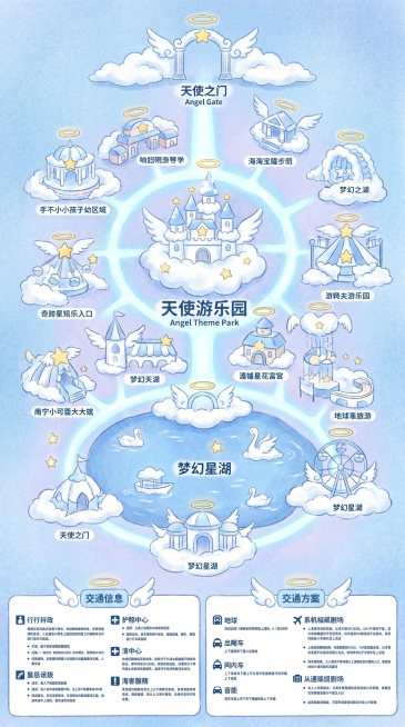 根据第二张图片的园区地图排版布局，生成天使游乐园园区导览地图，采用第一张参考图的软萌手绘颗粒晕染风格，蓝白梦幻配色，保留地图整体结构：主园区、入口、水域、交通信息和服务信息分区，将主题替换为天使游乐园预览效果