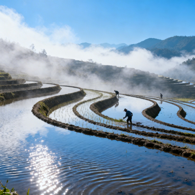 写实风景摄影，山间梯田春耕场景，澄澈水田清晰倒映蓝天，田埂线条舒展优美，轻薄晨雾轻绕山间，空气通透，画面真实有层次感，质感细腻高清预览效果