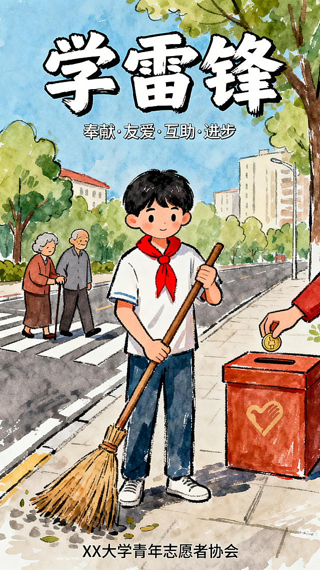 大学生手绘风格学雷锋宣传海报，简单手绘质感，笔触随性自然，色彩鲜明，用简单的线条和色块构成画面，没有AI生成的过度精致感，风格像学生手绘作品