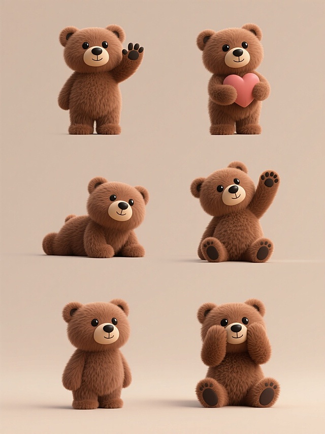 六个完全不同姿势与互动状态的棕色毛绒小熊系列素材集合，每个小熊均保持超写实3D风格，拥有蓬松柔软的棕色毛发质感、圆润的黑色大眼睛、浅米色口鼻部和黑色小鼻子，采用纯色背景，整体呈现可爱治愈的氛围，所有小熊以规整的网格布局排列，每个小熊分别展现：1. 站立挥手 2. 抱心姿势 3. 坐着歪头 4. 趴着抬头 5. 举起一只前爪 6. 双手捂脸的不同动态，所有元素保持统一的光影处理和细腻的毛发纹理表现。