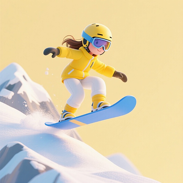 画面主视觉是腾空的女孩，从雪山上冲下来，身着亮黄色滑雪服、白色雪裤，佩戴头盔与可视护目镜，脚踩蓝色单板，呈动感滑行姿态。浅黄色纯色背景