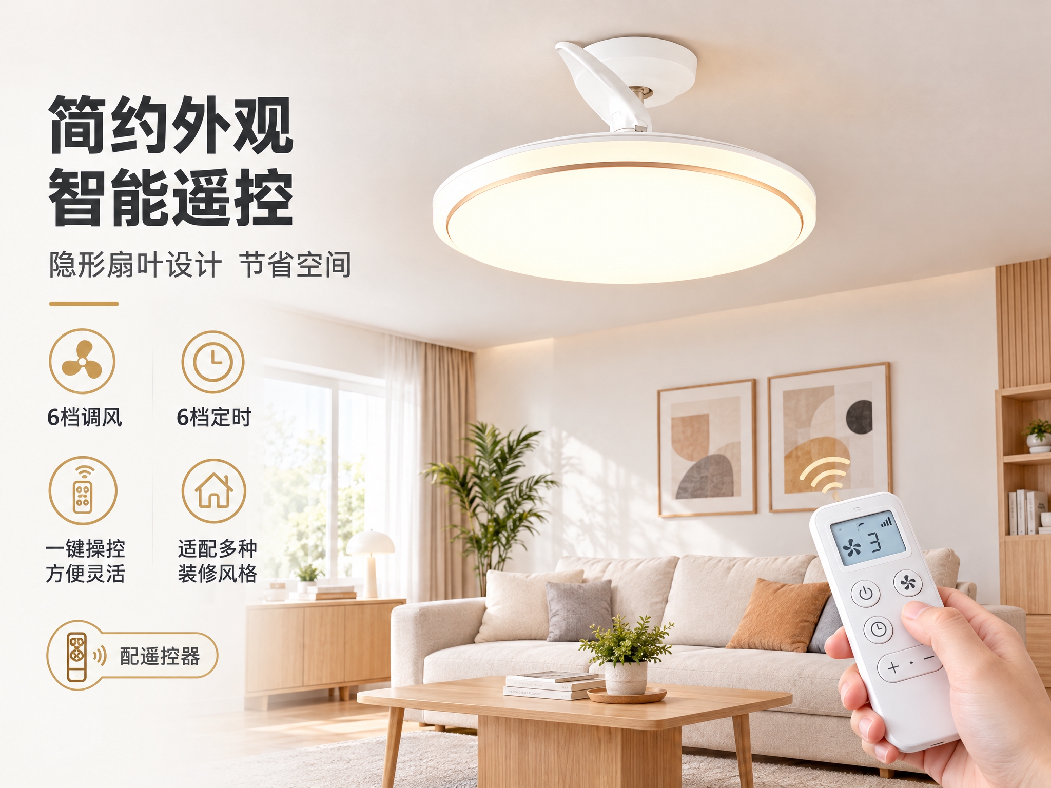[详情页4] 遥控控制与外观设计卖点 隐形扇叶简约外观展示 [… - 图片创意预览
