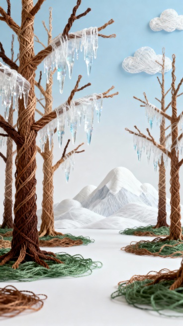 森林场景，背景是雪山和蓝天，森林中的许多树枝挂满了晶莹剔透的冰挂预览效果