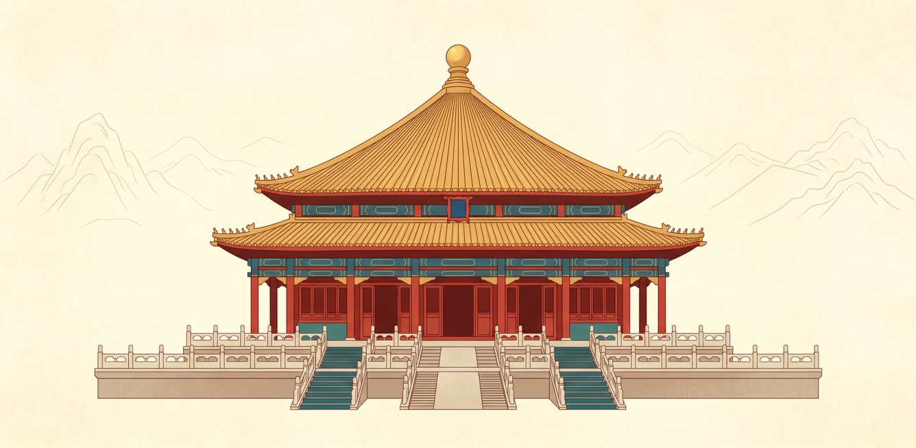 故宫中和殿，严格保持中和殿真实建筑形态，参考图提供的国潮扁平插画风格，浅米黄底色，红墙黄瓦，干净简约单建筑居中构图预览效果