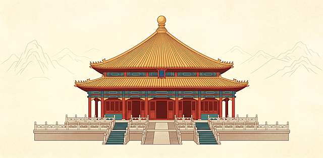 故宫中和殿，严格保持中和殿真实建筑形态，参考图提供的国潮扁平插画风格，浅米黄底色，红墙黄瓦，干净简约单建筑居中构图