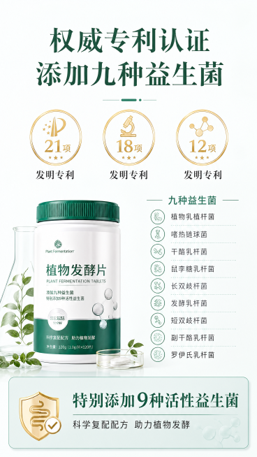 [第4屏] 成分专利与益生菌信息展示，仅展示专利数量和益生菌信息，不完整展示专利证书内容。
[氛围/风格] 专业权威信任背书风格，浅色背景，简洁正式，突出专利资质。
[元素布局] 顶部大标题区域，中部预览效果