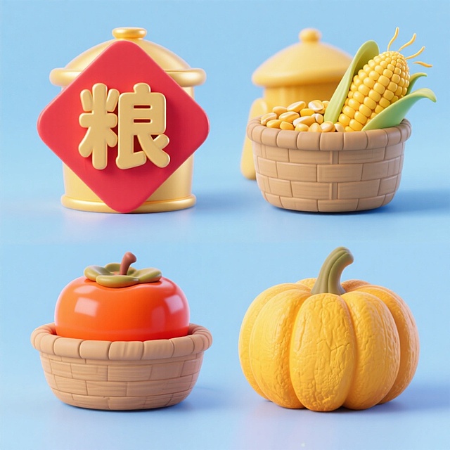 软3D风结合轻拟物设计，呈现可爱卡通感的丰收元素，粮仓、玉米、柿子与南瓜造型饱满生动，色彩明快，节日氛围浓厚。