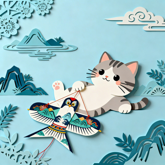 国潮插画图案，主色调为浅蓝色，主体是可爱小猫，小猫动作是躺着玩山水纸鸢，参考上传图片的国潮拼贴风格和可爱小猫造型，整体是浅蓝系国潮风格，配色清爽干净，国风剪纸拼接版式搭配山水植物装饰，线条圆润可爱预览效果
