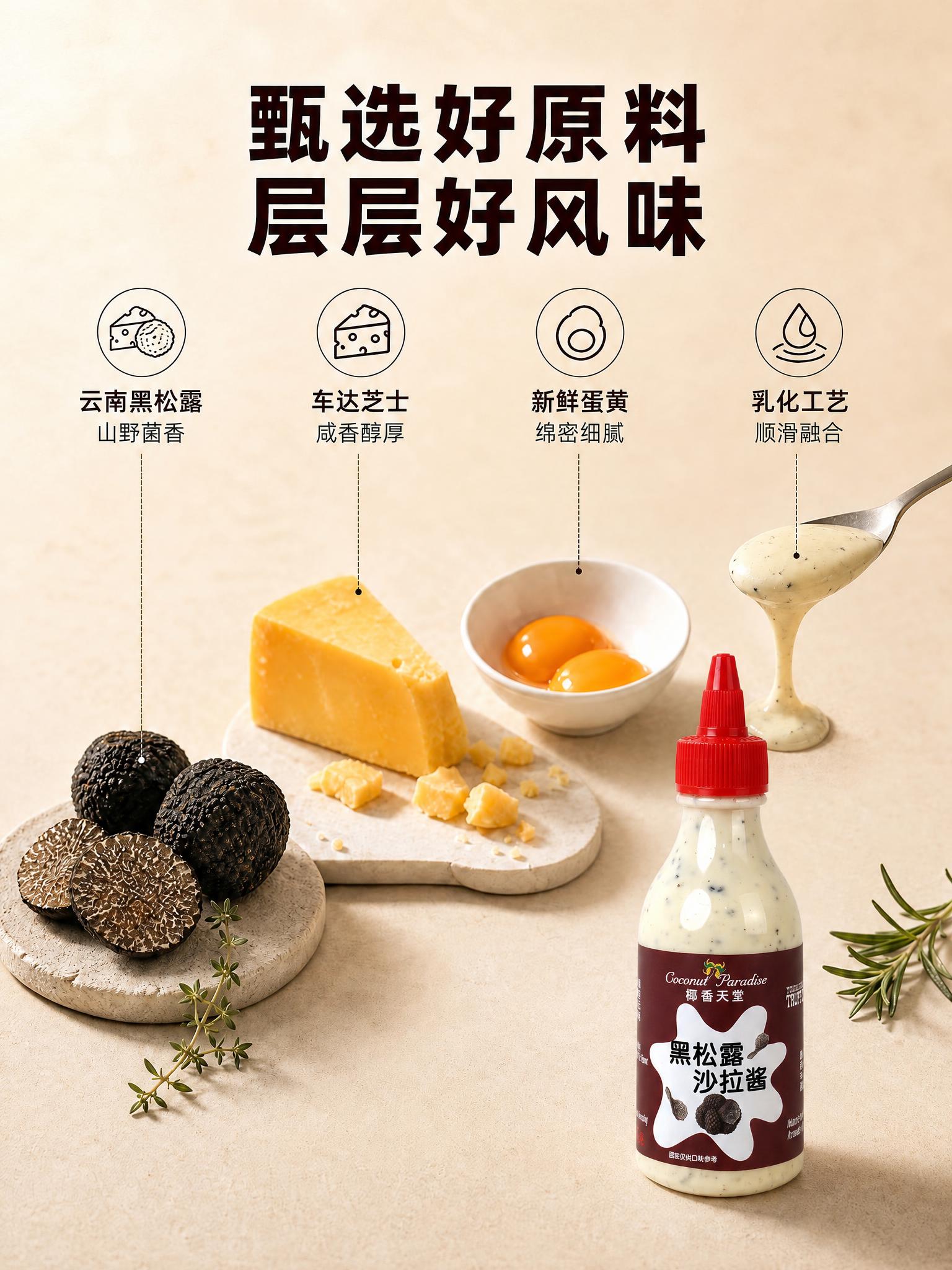 将图中的沙拉酱瓶子产品主体替换为参考图中的黑松露沙拉酱瓶子，保… - 图片创意预览